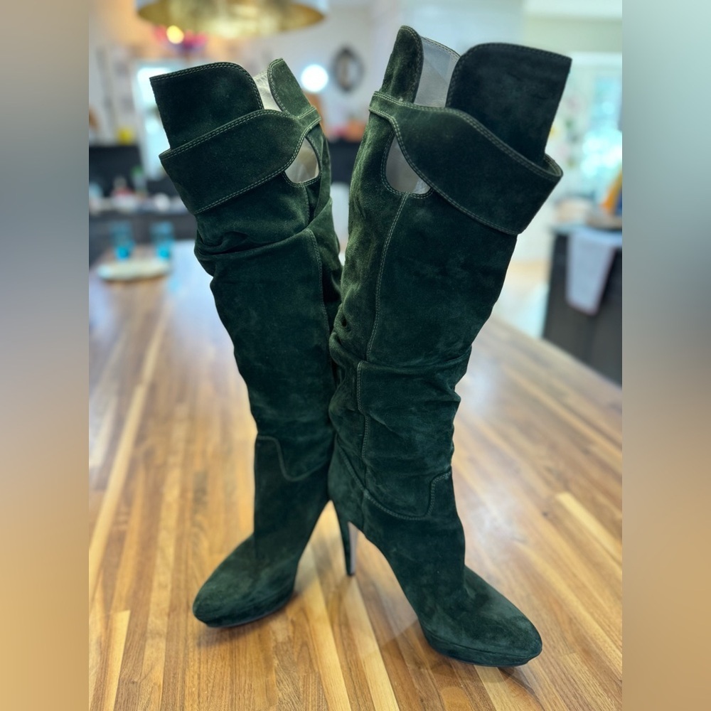 Sergio Rossi Green Suede Knee High Stiletto Boots, Vero Cuoio Made in Italy 39.5